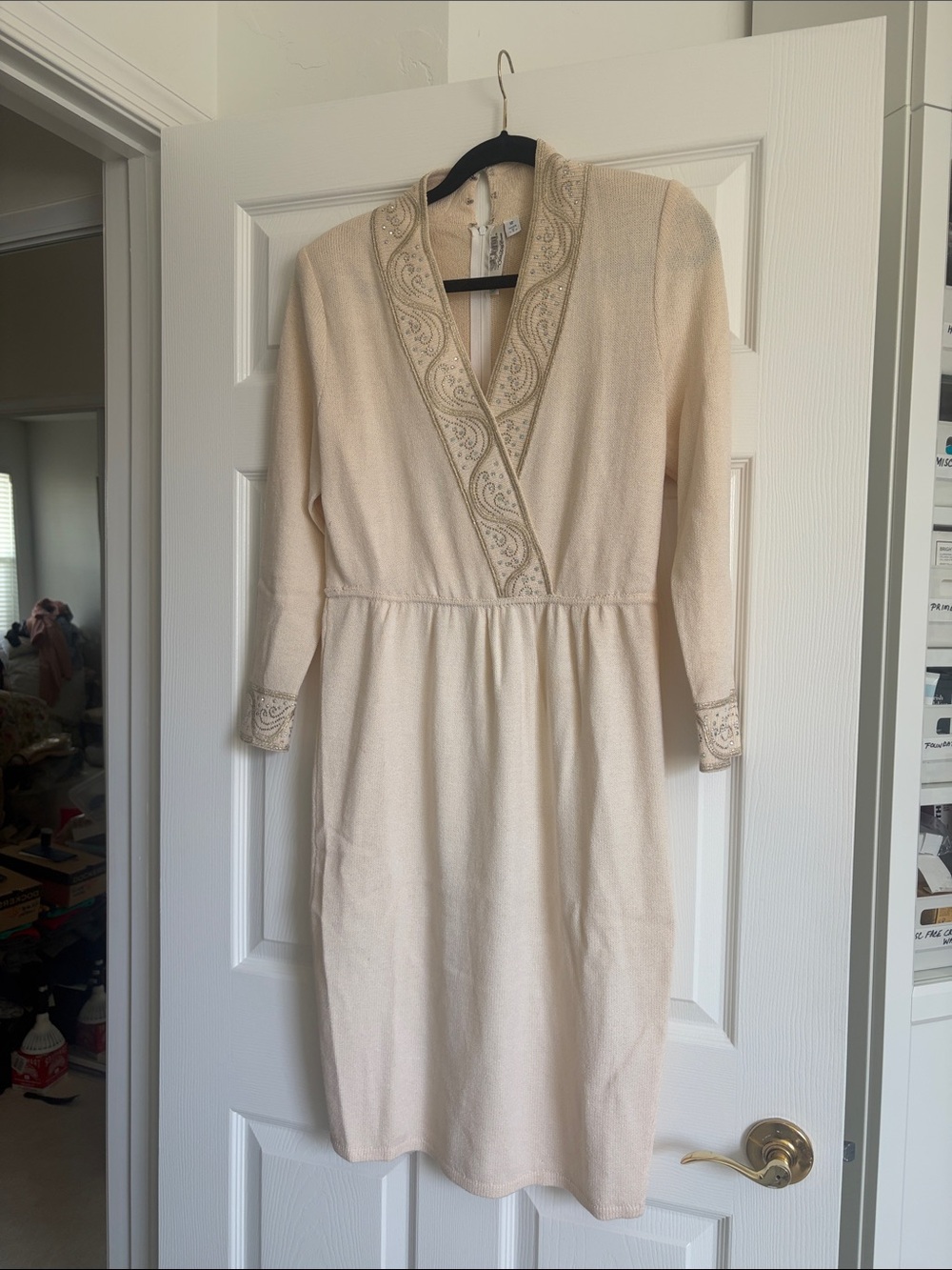 St. John Cream Embroidered V-Neck Long Sleeve Dress